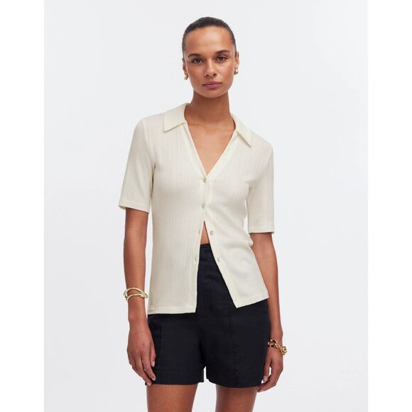 Madewell Cutaway Hem Polo Top Women XXS  Creme Fraiche Ivory SS Ribbed Button-Up - Picture 8 of 16